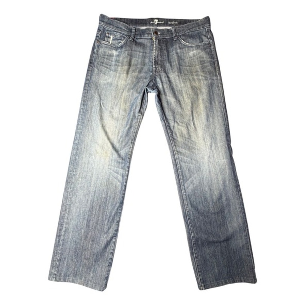7 For All Mankind Austyn Relaxed Straight Leg Jeans Mens 36 Blue Distressed USA